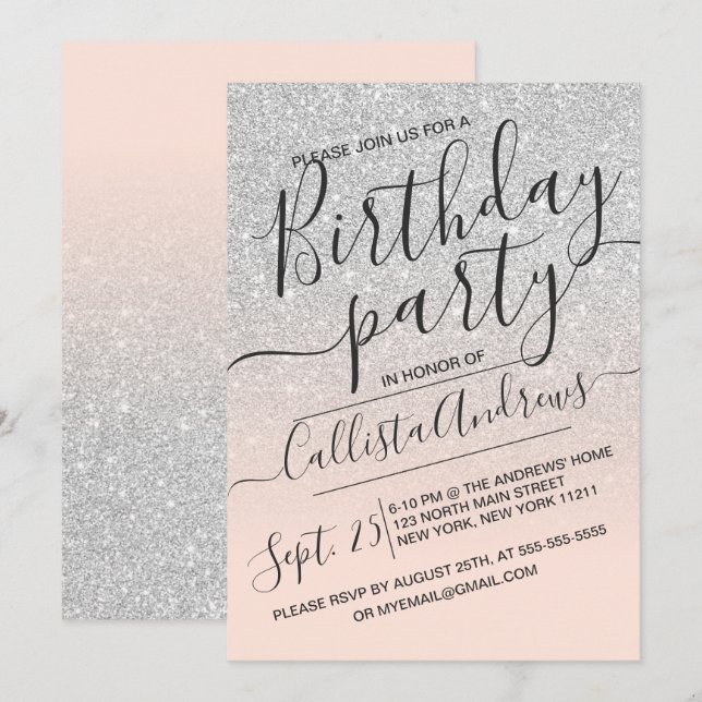 Silver Rosa Faux Sparkly Glitter Ombre Birthday Inbjudningar (Fram/baksida)