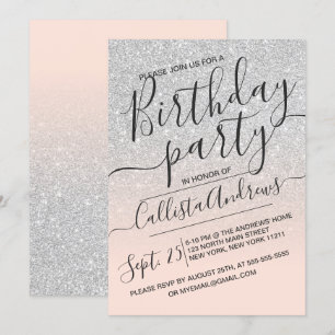 Silver Rosa Faux Sparkly Glitter Ombre Birthday Inbjudningar