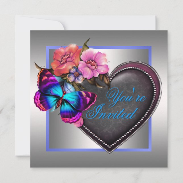 Silver Rosa Fjärilfest Purple Inbjudningar (Framsida)