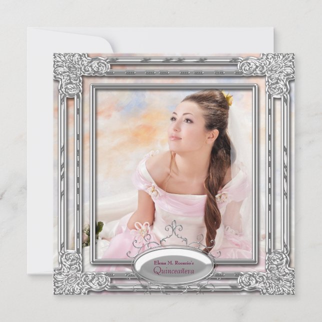 Silver Rosa Foto Quinceanera-inbjudan Inbjudningar (Framsida)