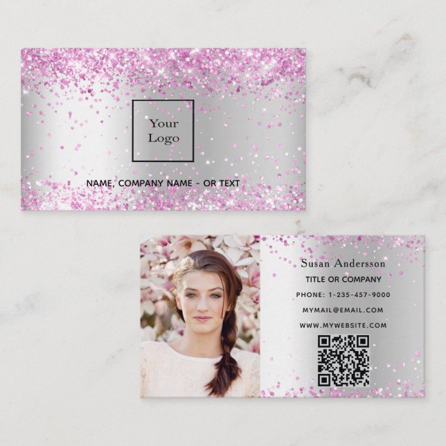 Silver rosa-fotot QR-skönhetsalong Visitkort (Fram/baksida)