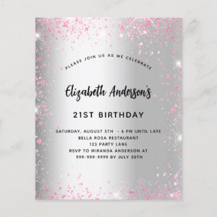Silver rosa glitter budget födelsedagsinbjudan