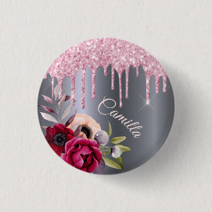 Silver rosa glitter dropp blommigt namn bricka knapp