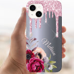 Silver  rosa glitter droppar blommigt namn<br><div class="desc">Rosa faux glitter drop,  målardropp,  se på en faux silver metallisk tittar bakgrund. Färgad Flowers i Burgundy och ro guld. Mall för ditt namn. Namn i ro guld är skrivet med ett modernt och trendig handskrivet stil-skript.</div>