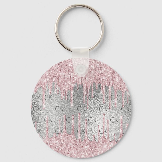 Silver  rosa glitter droppar i monogram initialer nyckelring (Framsida)