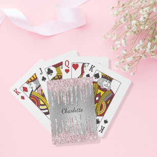 Silver rosa glitter droppar i monogram namn casinokort