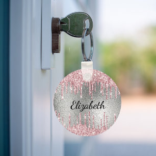 Silver rosa glitter droppar metall monogram namn nyckelring