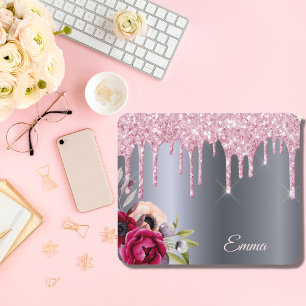 Silver rosa glitter droppar metalliska blommigtar musmatta