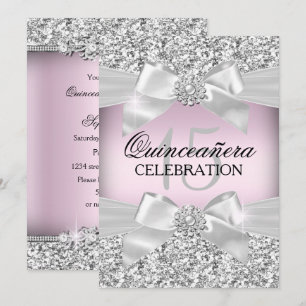 Silver Rosa Glitter & Jewel Båge Quinceanera Inbju Inbjudningar