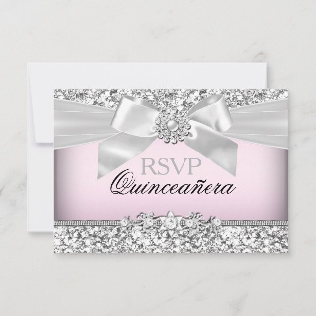 Silver Rosa Glitter & Jewel Båge Quinceanera RSVP OSA Kort (Framsida)