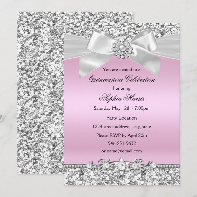 Silver Rosa Glitter judel Bow Quinceanera Birthday Inbjudningar (Fram/baksida)
