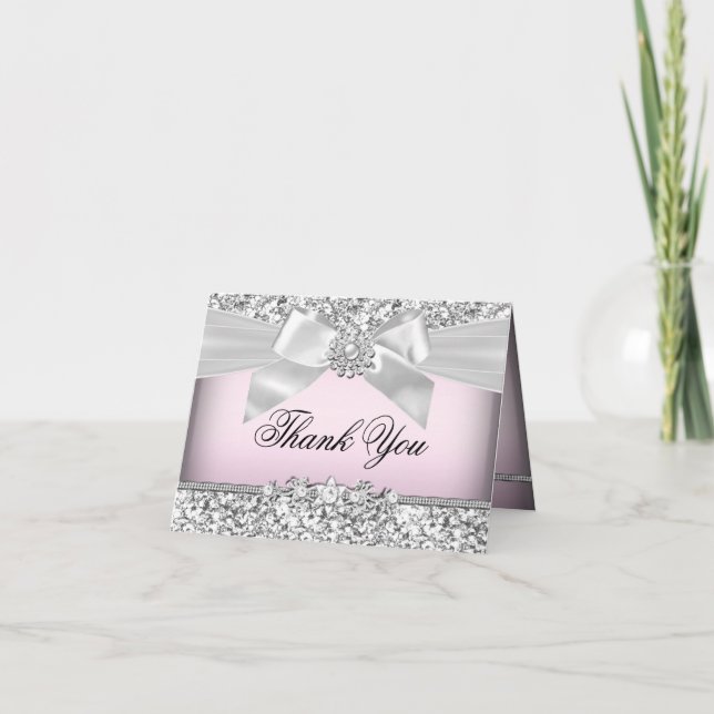 Silver Rosa Glitter & Juvel Båge Tacksamhetskort Tack Kort (Framsida)