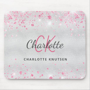 Silver rosa glitter monogram namn metalliskt musmatta