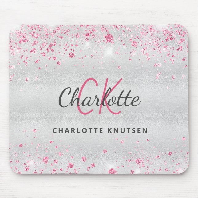 Silver rosa glitter monogram namn metalliskt musmatta (Framsidan)