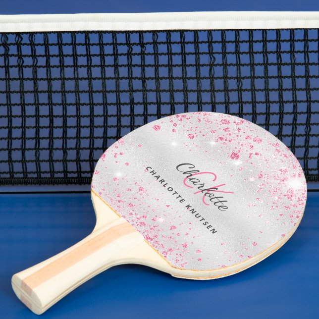 Silver rosa glitter monogram namn pingisracket (Insitu)