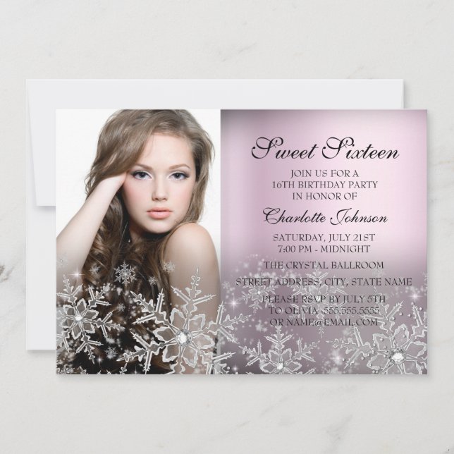 Silver Rosa Glitter Snöflinga Foto Sweet 16 Inbjudningar (Framsida)