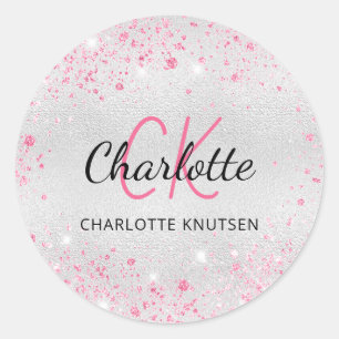 Silver rosa glitterdamm initialer namn runt klistermärke