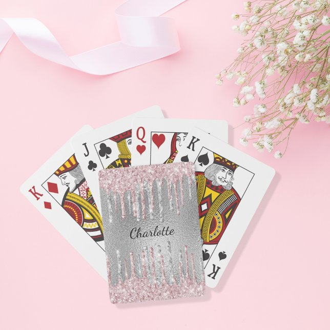 Silver rosa glitterdroppar monogramnamn casinokort (Skapare uppladdad)