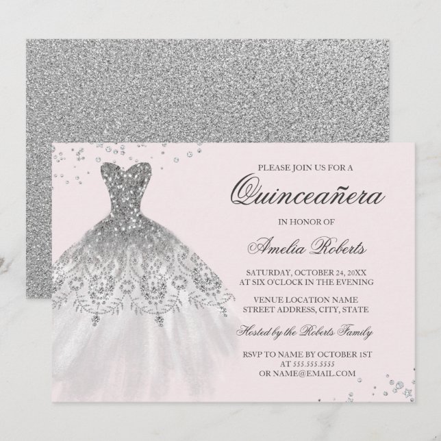 Silver Rosa Glittrande Klänning Quinceanera Inbjud Inbjudningar (Fram/baksida)