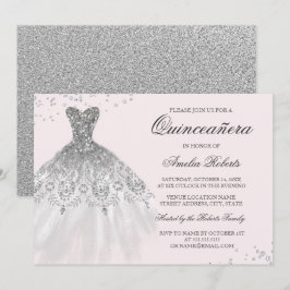 Silver Rosa Glittrande Klänning Quinceanera Inbjud Inbjudningar