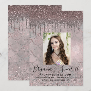 Silver Rosa Guld Glitter Drip Sweet 16 Foto Inbjudningar