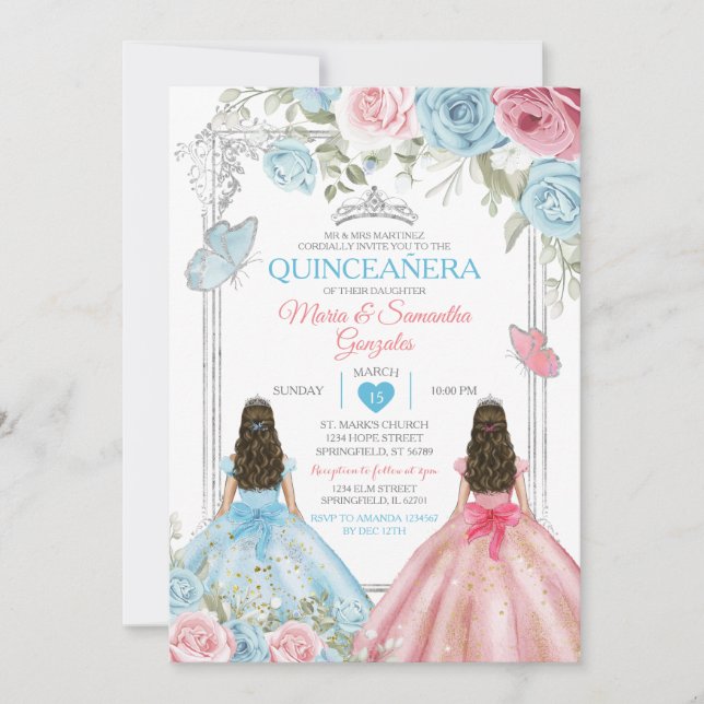 Silver Rosa & Pastel Blue Butterfly Quinceañera Inbjudningar (Framsida)