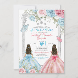 Silver Rosa & Pastel Blue Butterfly Quinceañera Inbjudningar