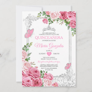 Silver Rosa Quinceañera Krona Butterfly 15 Anos Inbjudningar