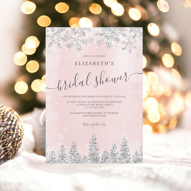 Silver  rosa snö gräs möhippa vid vintern inbjudningar (Silver blush pink snow pine winter bridal shower invitation)