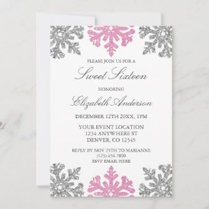Silver Rosa Snowflake Winter Sweet 16 Inbjudningar