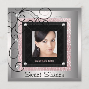 Silver Rosa Svart Damask Foto Sweet 16 Fest Inbjudningar