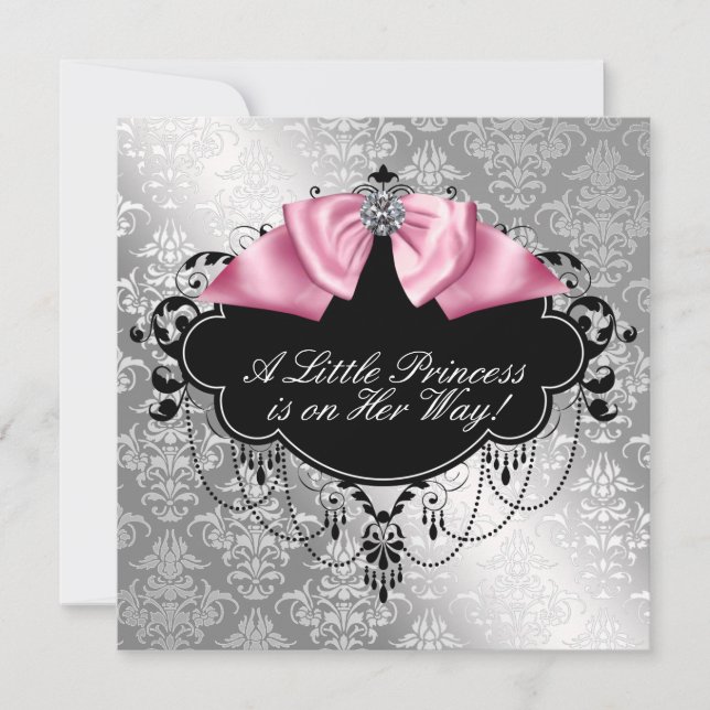 Silver Rosa Svart Prinsessa Babyflicka Shower Inbjudningar (Framsida)
