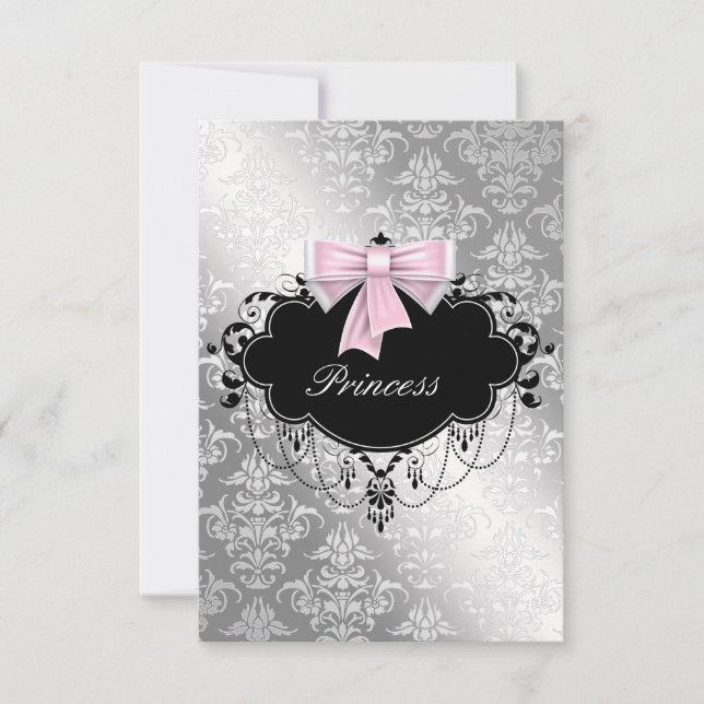 Silver Rosa Svart Prinsessa Babyflicka Shower RSVP OSA Kort (Framsida)