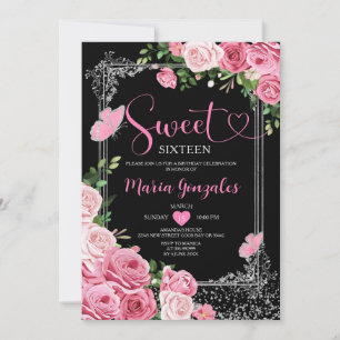 Silver Rosa Sweet sixteen 16:e Födelsedagsfesten f Inbjudningar