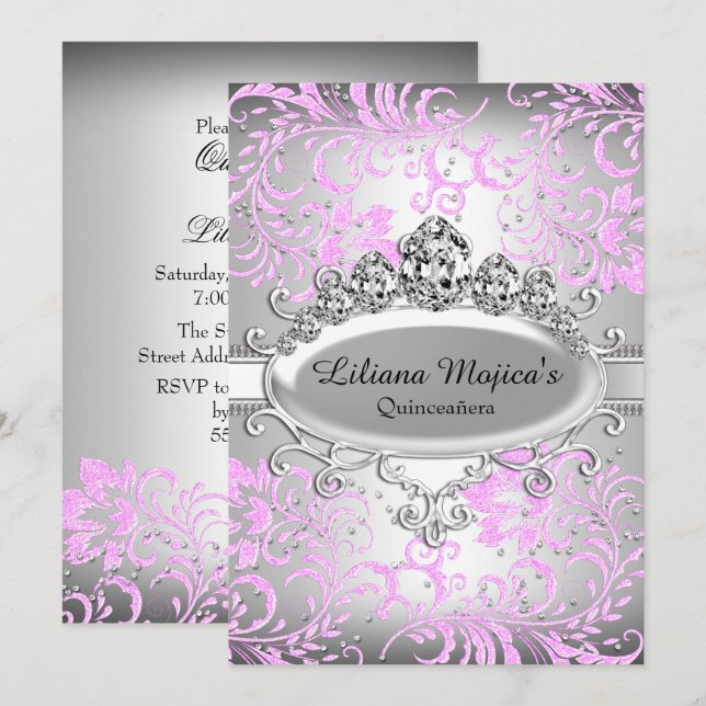 Silver Rosa Tiara & Glittrande Blommig Quinceanera Inbjudningar (Fram/baksida)