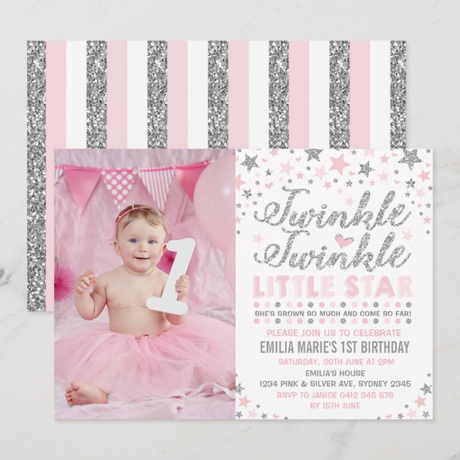 Silver & Rosa Twinkle Little Star Birthday Inbjuda Inbjudningar (Fram/baksida)