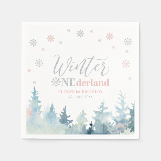 Silver& Rosa Vinter Onederland 1-års Födelsedagsfe Pappersservett (Framsidan)