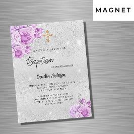 Silver rosa violett Blomnjettblomma lyxjur Baptism Magnetisk Inbjudningskort