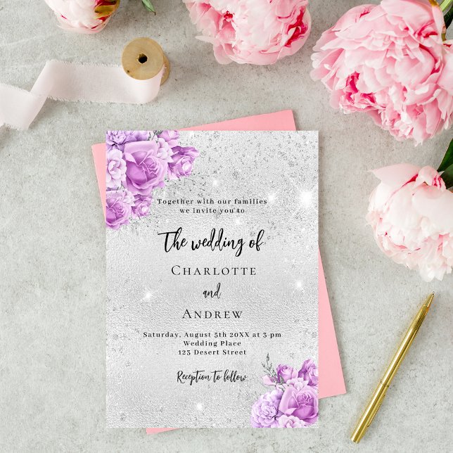Silver rosa violetta blommor bröllop inbjudningar (Skapare uppladdad)
