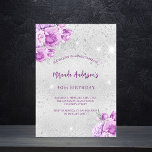 Silver rosa violetta blommor lyxfödelsedag inbjudningar<br><div class="desc">En faux silver tittar bakgrund med faux silver sparkles och rosa och violettblommor. Anpassa och lägg till information om namn och party.</div>