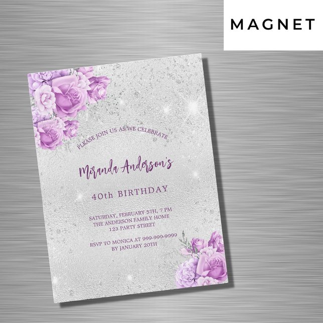 Silver rosa violetta blommor lyxfödelsedag magnetisk inbjudningskort (Skapare uppladdad)