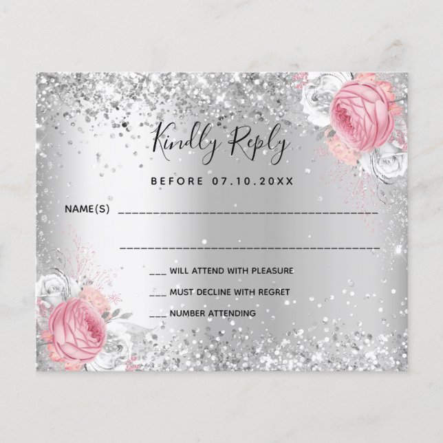 Silver rosa, vit blommigt glitter bröllop OSA-kort (Framsida)