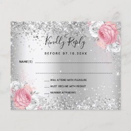 Silver rosa, vit blommigt glitter bröllop OSA-kort