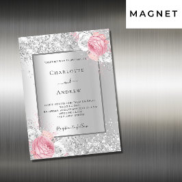 Silver rosa, vit blommigt lyx bröllop magnetisk inbjudningskort