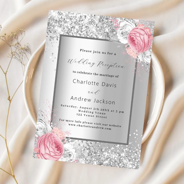 Silver rosa Vit blommigt lyxbröllopsmottagning Inbjudningar (Skapare uppladdad)