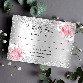 Silver rosa, vita blommigtar glitter bröllop OSA Anteckningskort