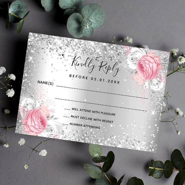 Silver rosa, vita blommigtar glitter bröllop OSA Anteckningskort (Skapare uppladdad)