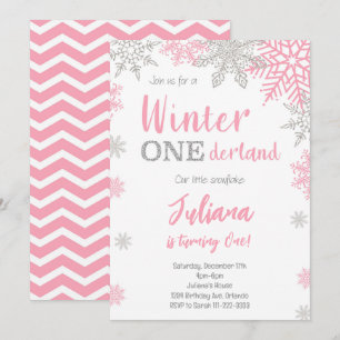 Silver Rosa Winter Wonderland 1:a födelsedag Inbju Inbjudningar