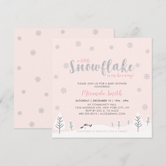 Silver & Rosa Winter Wonderland Girl Baby Shower I Inbjudningar (Fram/baksida)