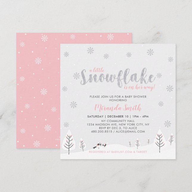 Silver & Rosa Winter Wonderland Girl Baby Shower Inbjudningar (Fram/baksida)